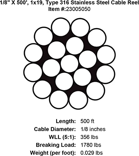 1/8" X 500', 1X19, Type 316 Stainless Steel Cable Reel #TOP2