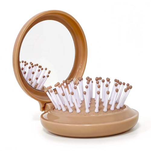 Arthaxi Mini Hair Brush with Compact Mirror Travel Hair Brush Brown Vintage Style 1-Pack