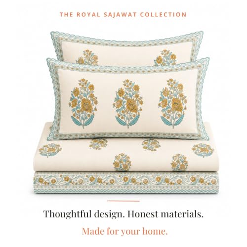 Image of Naksh Bedsheet Queen Size Bed Cotton | Royal Sajawat Turquoise Floral Bedsheet with 2 Pillow Covers | Pure Cotton Bedsheets for Queen Size Bed | Elegant Cotton Bedding Set for Double Bed