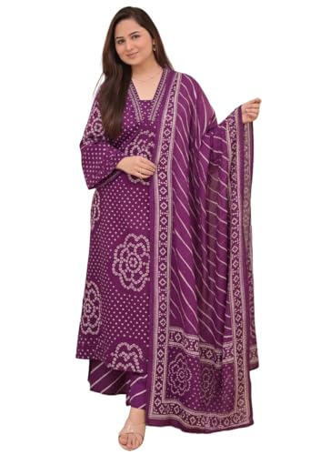 Image of Klosia Women Pure Cotton Kurta Pant Set with Dupatta | Bandhani Print Kurta Sets for Women | Comfortable Suit Sets|Regular Fit