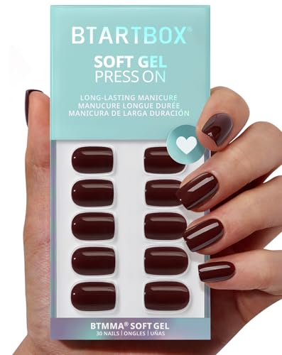 BTArtbox Press On Nails Short - Dark Cocoa, Dark Brown Square Press On Nails with Glue and Adhesive Tabs for Women, Opaque Soft Gel Glue On Nails in 15 Sizes - 30 Stick On Nails Kit