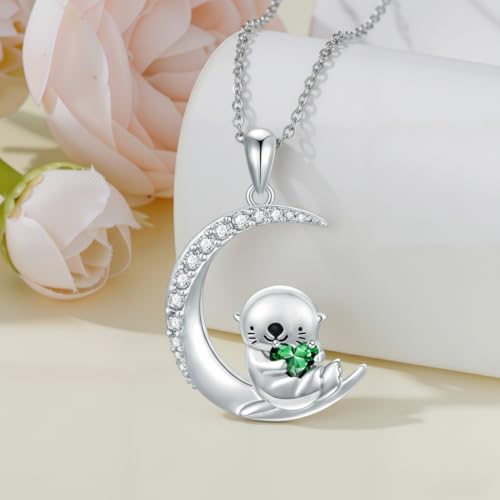 Image of PROESS Animal Birthstone Necklace 925 Sterling Silver Otter /Axolotl /Hippo /Elephant /Dachshund /Monkey /Red Panda Pendant Necklace Animal Birthstone Jewelry Gifts for Women