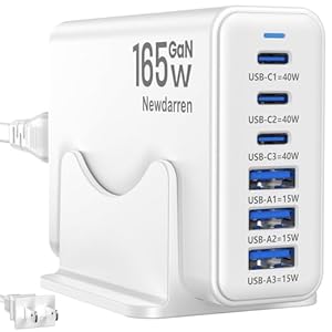 Cargador USB C para iPhone 17, 3 puertos tipo C cada cargador de 40 W para iPhone 17 16 15 Pro Max Plus, Galaxy S25 S24 S23, iPad, tableta, total 165 W GaN 6 puertos estación de carga de pared