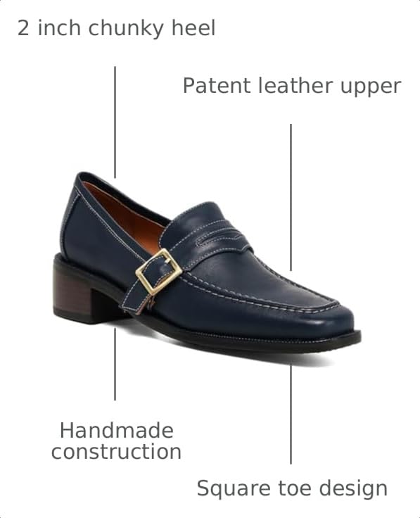 Image of MOOMMO Women Blue Chunky Heel Penny Loafers Square Toe Buckle Slip On 2 inch Stacked Block Heel Dress Loafers Oxfords Office Ladies Comfy Classic Loafer Pumps Matte Navy Size 8.5 M US