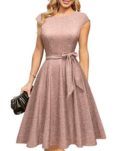 DRESSTELLS Cocktailkleider für Damen Hochzeitsgäste 2025 Sparkly Fit Flare Vintage Party Kleid, Sequin Modest Mother of Bride Midi Kleid Glitter Purple Pink M DRESSTELLS Cocktailkleider für Damen Hochzeitsgäste 2025 Sparkly Fit Flare Vintage Party Kleid, Sequin Modest Mother of Bride Midi Kleid Glitter Purple Pink M