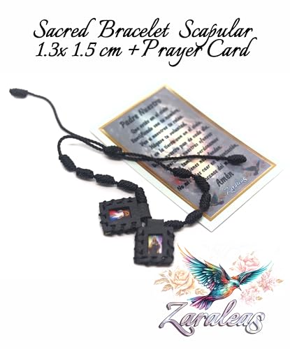 Zaraleas Catholic Scapular Bracelet - Black Leather, Handmade with Sacred Heart of Jesus, Virgin of Carmen, Guadalupe & St. Michael Archangel. 1.3cm x 1.5cm3