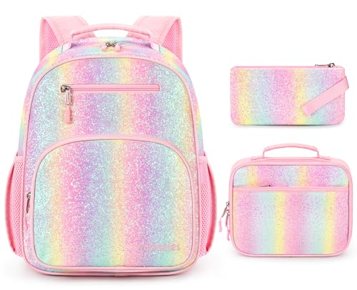mibasies Girls Backpack with Lunch Box: 3PCS Kids Backpack Set for Kindergarten Elementary - 15 IN Cute Bookbag - Glitter Rainbow