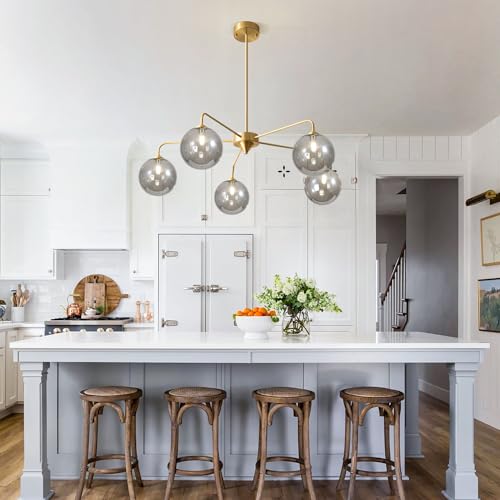 Image of 5-Light Gold Sputnik Chandelier, Mid Century Modern, Smoke Gray Glass Shade, Kitchen, Dining, Bedroom, 38.6 inch L x 30.7 inch H