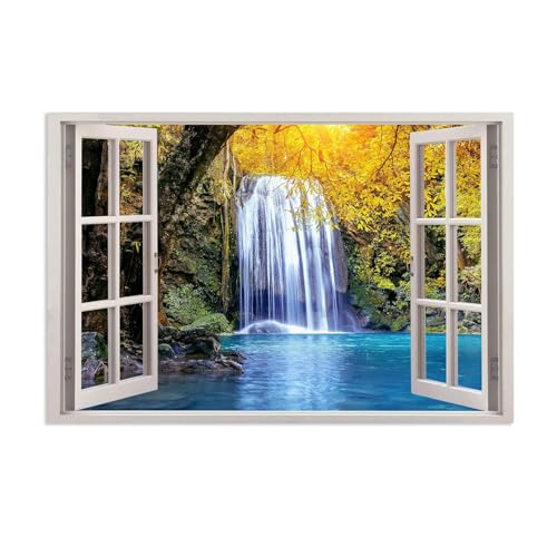 MOBYAT Mural de ventana de imitación 3D con ventana falsa de cascada de bosque,para sala de estar,comedor,decoración de pared con imágenes de ventana del hogar,póster de 45x30cm(18x12in) póster