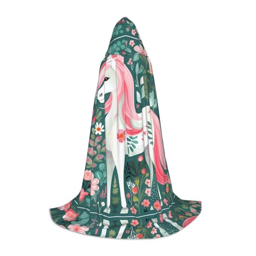 KKAFGBV Unicornio con pelo rosa impreso capa con capucha de longitud completa, unisex, adecuado para adolescentes Halloween y juegos de rol de Navidad M