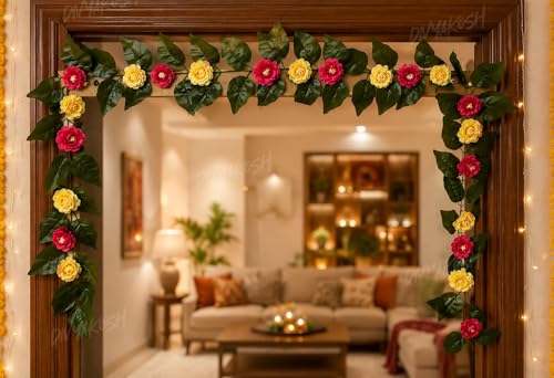 Image of Divyakosh Mango Leaf Vine /Creeper witl Camellia Flowers for Door Entrance Toran /Garland, 80 Inch Artificial Flower Thoran /Bandarwal, Festive Pooja Hanging, Diwali Ganpati Navratri Home Decor