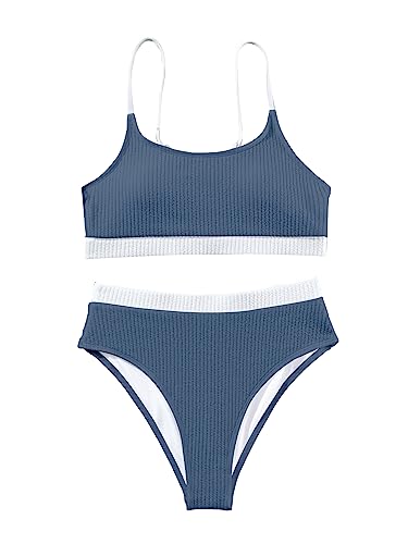 Image of Lilosy High Waisted Tummy Control Ribbed Bikini Crop Top Brazilian Swimsuit Set 2 Piece