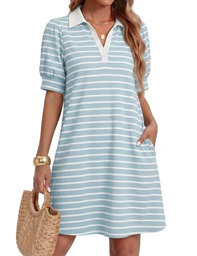 Image of ZESICA Womens Summer Striped T Shirt Mini Dresses 2026 Casual Lapel V Neck Short Sleeve Flowy A Line Beach Vacation Dress