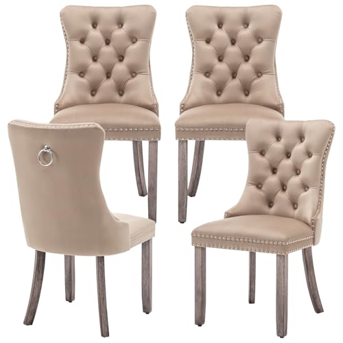 Eifizek Velvet Dining Chairs Set of 4, Upholstered Dining Room Chairs with Nailhead Ring Pull Trim, Button Tufted Wing Back Chairs for Dining with Solid Wood Legs for Kitchen Dining Room(Khaki)