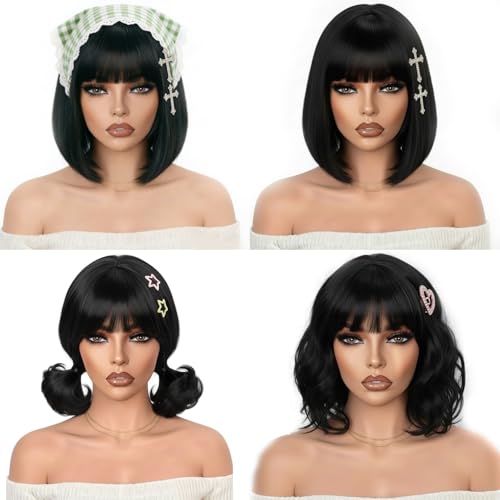 Image of Bob Human Hair Wig With Bangs Wear and Go Glueless Wig 180% Density | 12 Inch Straight Human Hair Bob Wig with Bangs Ready to Wear Glueless Design Easy Install for Black Women
