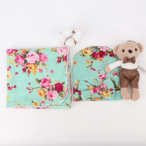 Image of DRESHOW BQUBO 1 Pack Newborn Floral Receiving Blankets Newborn Baby Swaddling with Headbands or Hats Sleepsack Toddler Warm Shower Gift