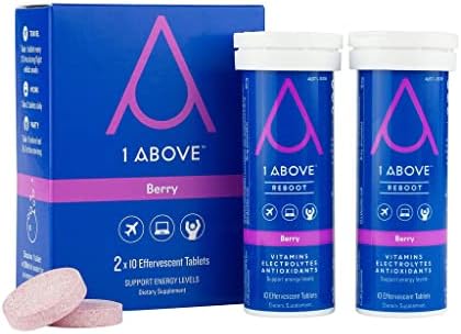 1Above Anti Jet Lag Flight Effervescent Drink Tablets. Super Antioxidant - Pycnogenol + Vitamins + Electrolytes for Travel, Work and Party. 20 Count (2 Tubes) Berry