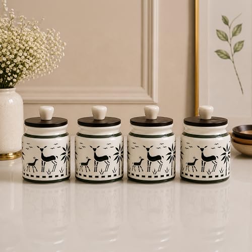 Image of Ceramic Kitchen Jars for Storage | Air Tight Containers with Wooden Lids | Masala, Salt, Pickle, Dry Fruits & Multi Utility Items Organiser Set (Hand-Painted, Green Deer, 450 ML, Pack of 4)