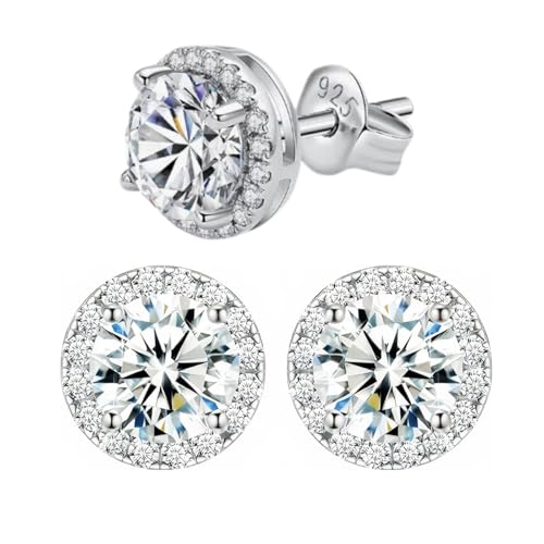 Moissanite Stud Earrings for Women & Men, 18K White Gold Plated 925 Sterling Silver, D Color VVS1 Round Brilliant Cut, Secure Push Back Fit Hypoallergenic Daily Wear Jewelry
