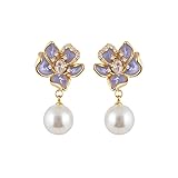 Elegantes aretes colgantes de perlas de circonita cúbica de plata de ley, chapados en oro para mujer, cristal brillante, esmalte morado, decoración floral, joyería de moda