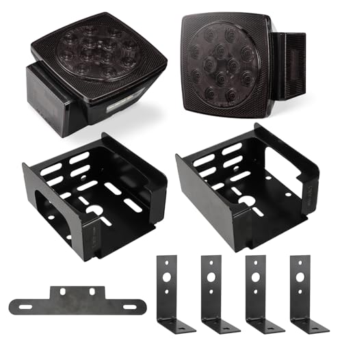 Image of Partsam 2x 12V Submersible Square Led Trailer Lights Smok Red, 1 Set Square Black Trailer Tail Light Mounting Box, 4x Black Trailer Light Brackets L Shape