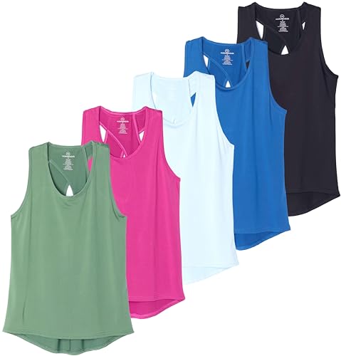 Real Essentials 5 Pack: Women's Crossback Keyhole Open Back Workout Tank Top Dry-Fit Sleeveless Yoga Gym (Available in Plus)