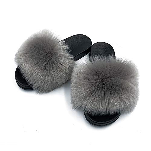 Image of Women's Faux Fur Slides Slippers Fluffy Fuzzy Sandals Open Toe Furry Slide Flip Flop Indoor Outdoor