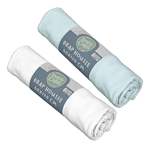Babycalin lot de 2 Draps Housse Blanc/Bleu Ciel 60 x 120 cm