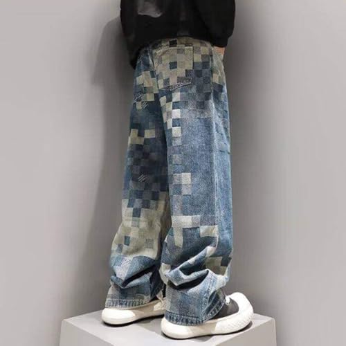 HZCX FASHION Mens Hip hop Y2K Checkerboard Skater Denim Pants Straight Wide Leg Baggy Denim Jeans Streetwear Trousers4