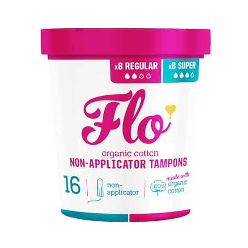 Flo Organic Cotton Non-Applicator Tampons Combo Pack Absorbent Soft - 8 Regular & 8 Super Tampons - 16 Tampons