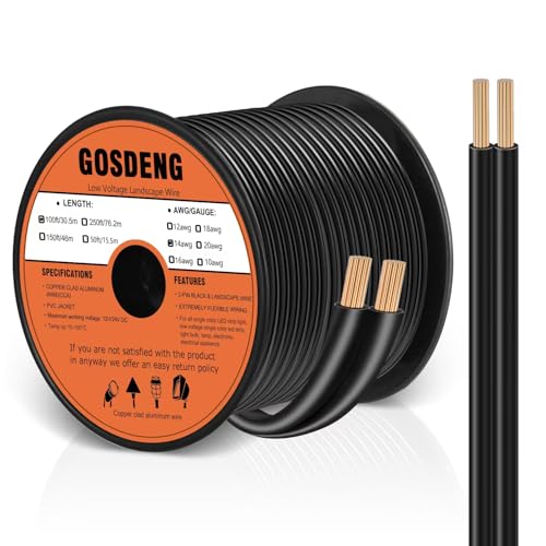 GOSDENG 14/2 Low Voltage Landscape Wire 100FT Outdoor Landscape Lighting Cable 14 Gauge 2 Conductors Low Voltage Wire for Landscaping Lights Copper Clad Aluminum Direct Burial