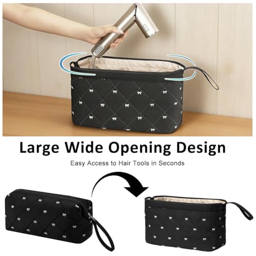 Image of MAYCREATE Hair Dryer Storage Bag Hair Styling Tool Travel Organizer Bags Zipper Storage Bag Sweet Bow Quilted Cotton Organizer Bags, 35x20x15cm, Black