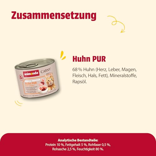 animonda Carny Katzen Nassfutter Single Protein Huhn Pur (6 x 200g), Katzenfutter nass mit nur einer Proteinquelle, Futter für ausgewachsene Katzen mit Hühnerfleisch