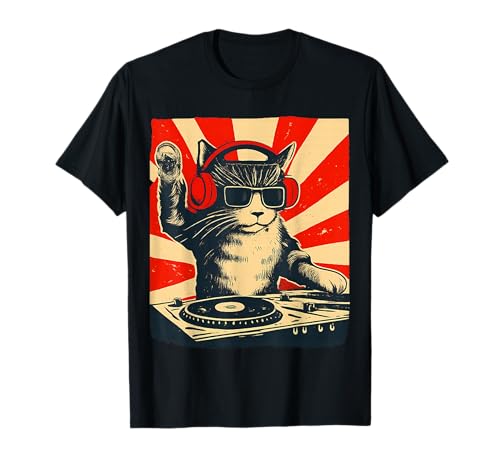 Gatto DJ Divertente Stile Vintage Musica Gatto Maglietta