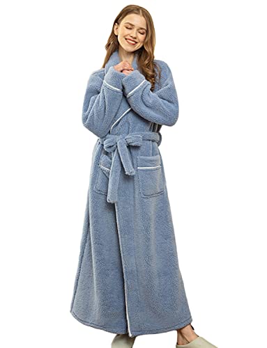 LOCIIXAT Robe de chambre douce et chaude en polaire pour femme avec capuche en peluche longue, bleu...