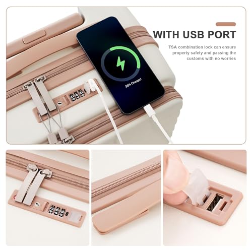 3-Piece Milky White Hard Shell Luggage Set with USB Port & Front Pocket for Travel3