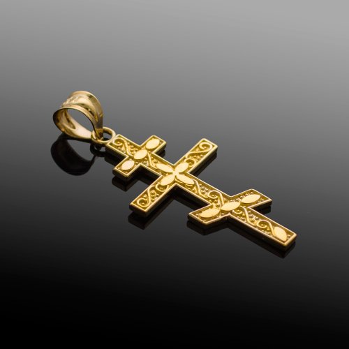 Certified 14k Yellow Gold Russian Orthodox Cross Pendant - Thumbnail 2
