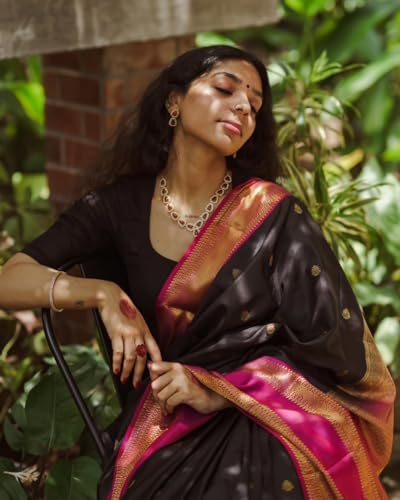 Flosive Women's Beautiful Black Colour Kanjivaram Saree And Blouse