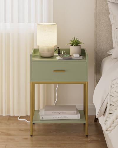 Image of Masupu Nightstand with Charging Station,3-Tier Modern Bedside Night Stand with Storage Drawer and Shelf,Small End Side Table for Bedroom,Living Room,Gold and Green