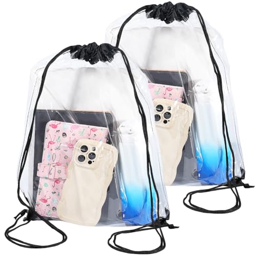 CREATCABIN 2 Pack Clear Drawstring Backpack Bags Waterproof PVC Lightweight Transparent Draw Strings Back Cinch Sack Knapsack for Gym Swimming Yoga Travel Beach Outdoor Sports Men Women 16.9 x 13.4in