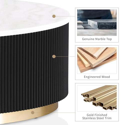Image of Furniture of America Beryl Modern Oval White Genuine Marble Top Coffee Table with Fluted Pedestal Base and Gold Stainless Steel Accent, Low Profile Table for Living Room, Home Office, Black