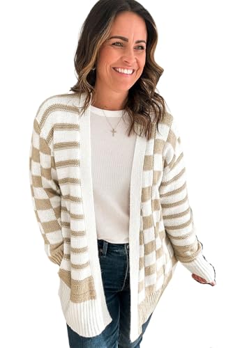 Classic Long Sleeve Knit Cardigan: Smoke Gray Gingham Stripes