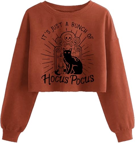 Boikukx Womens Its Just a Bunch of Hocus Pocus Crop Sweatshirt Halloween Fall Black Cat Graphic Lantern Long Sleeve Pullover Scary Tops Blouse(S 07BBrown)