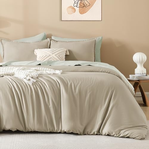 image for Litanika Oatmeal Comforter King Size, 3 Pieces Lightweight Solid Beddi