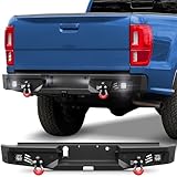 POFENZE 19-23 Ranger Rear Bumper Full Width Offroad Bumper w/Step Plate, 2x18w Lights, D-rings, License Plate Lights for 2019-2023 Ford Ranger Pickup Trucks (Excluding Wildtrak)