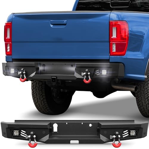 POFENZE 19-23 Ranger Rear Bumper Full Width Offroad Bumper w/Step Plate, 2x18w Lights, D-rings, License Plate Lights for 2019-2023 Ford Ranger Pickup Trucks (Excluding Wildtrak)