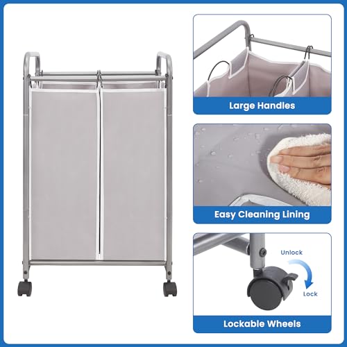 Image of STORAGE MANIAC Laundry Sorter 2 Section, 90 L Gal Laundry Hamper with Wheels, Clothes Basket Separator Sorter, 2 Bag Rolling Cart and Removable Bags for Closet, Dorm, Collage, Grey