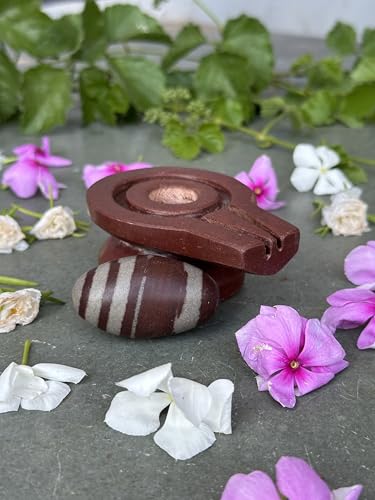 Image of Shivam VASTU AKAL 1.5 inch Original Narmadeshwar Narmada Shivling with 3 inch Narmada Stone Yoni Base Jaladhari (Janeudhari Shivling, Brown Damru Jaladhari)