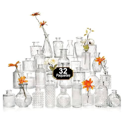 El Mejor Listado de Jarrones los preferidos por los clientes. 46 Tucorresi Juego de 32 Jarrones de Vidrio Transparentes: Mini Jarrones Decorativos, Floreros Decorativos para Mesa - con Relieve Clásico Transparentes para Hogar y Boda