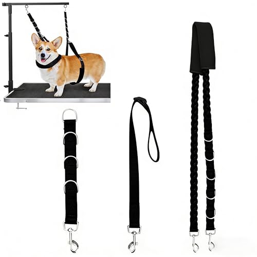 SQAQS 3PCS Haustier-Hundegeschirr, Starke Ausdauer, Hals und Haunch Halter, Fellpflege, verstellbares Tischseil mit D-Ringen, Gurt, Waschen Hundepflege Tub Zurückhaltung, Hund Bade Seil fü(schwarz)